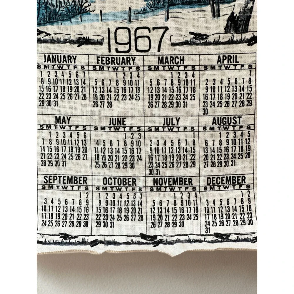 Vintage 1967 Linen Wall Calendar Towel Winter Church Scene Mid Century Decor